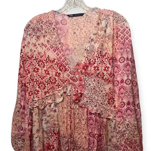 Zara Boho Patchwork Floral Dress Pink Red Long Sleeve Tassel Tie Mini Sz Small - Picture 3 of 12